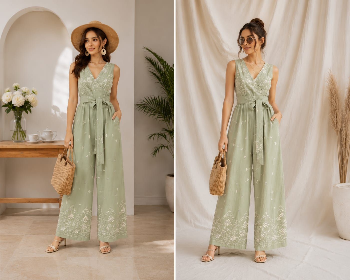 Sage green bloom backless jumpsuit