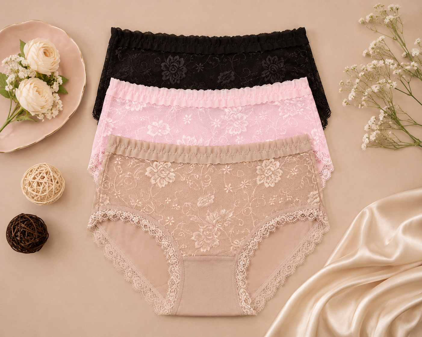 Floral Lace Charm Trio Panty Set