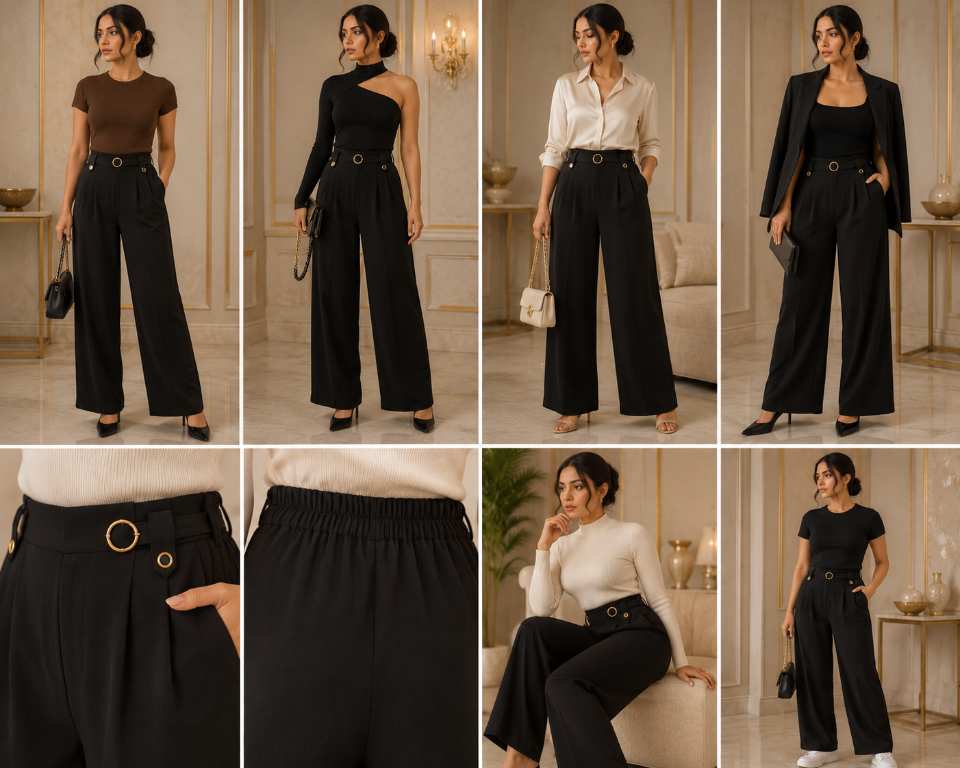 Mocha Luxe Ring Detail Wide-Leg Trousers