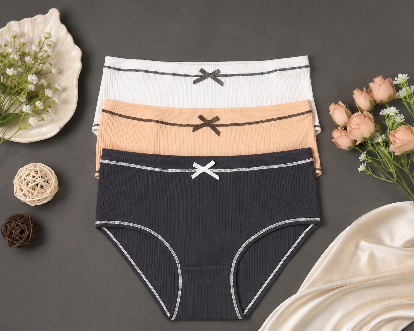 Ribbed Comfort Bow Trio Panty Set