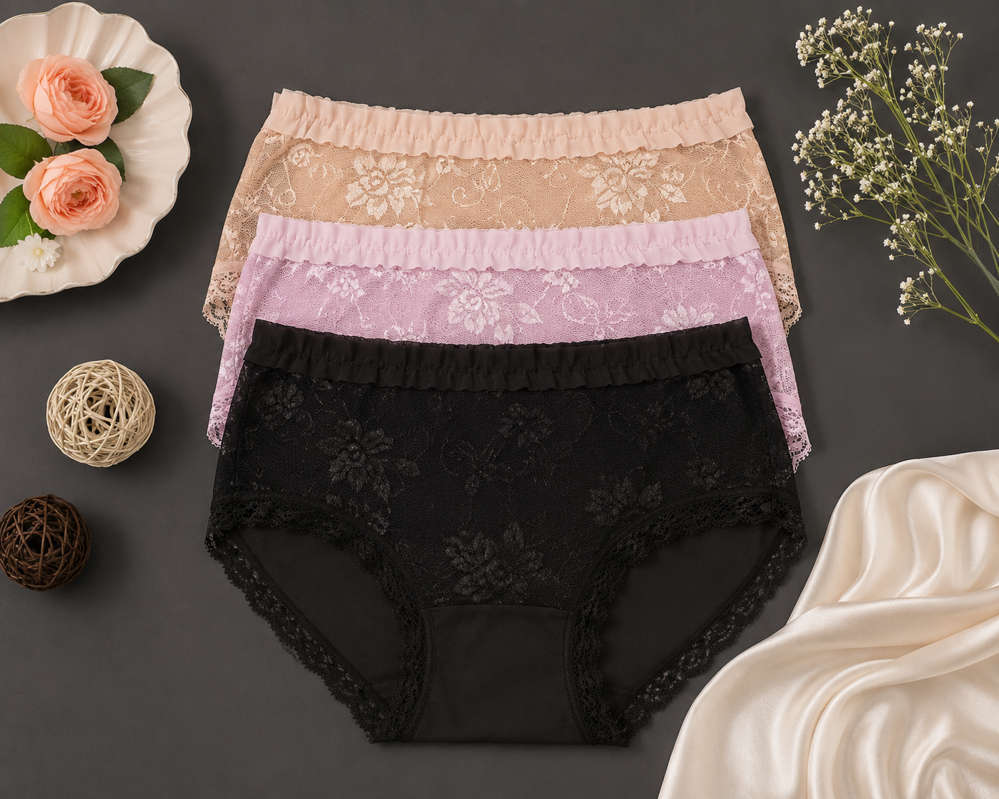 Floral Lace Charm Trio Panty Set