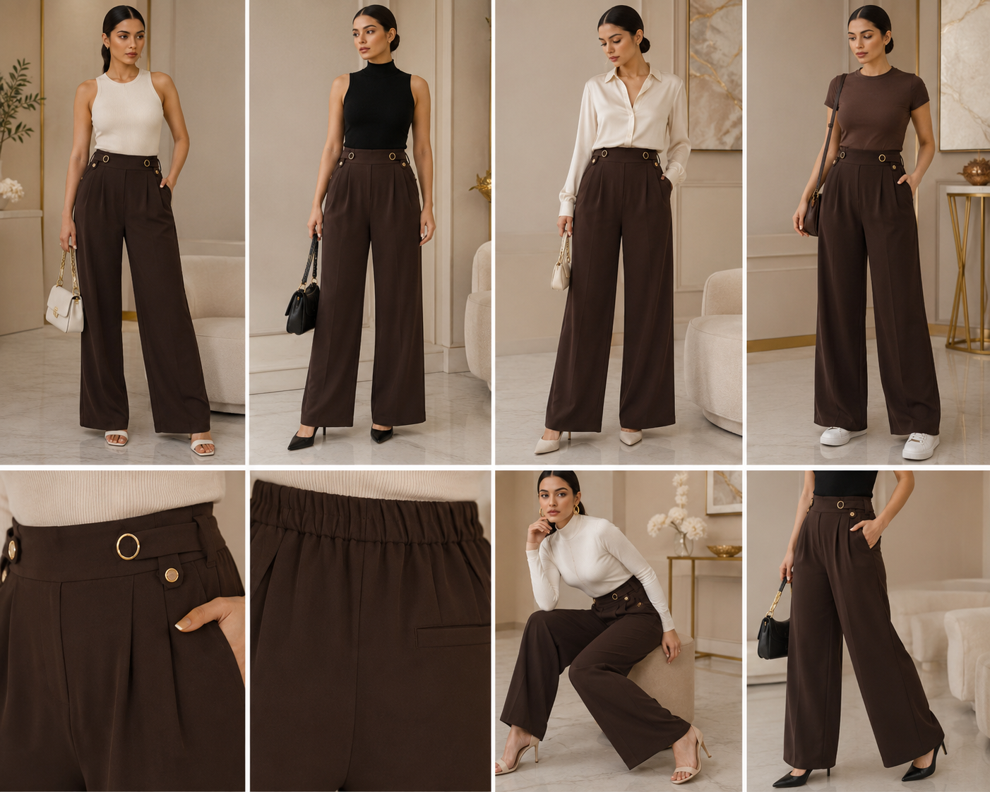 Mocha Luxe Ring Detail Wide-Leg Trousers
