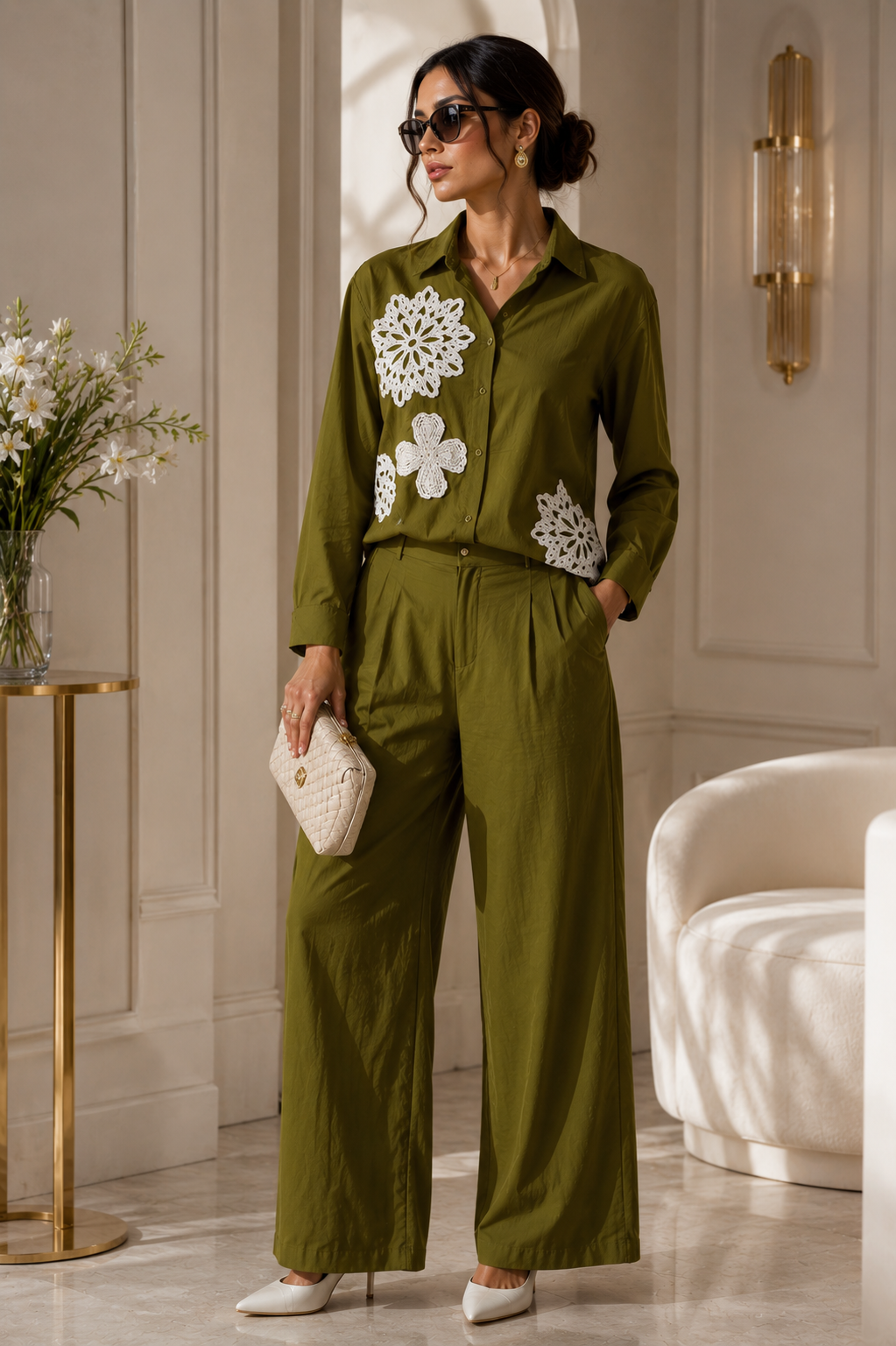 Olive Blossom Applique Cord Set