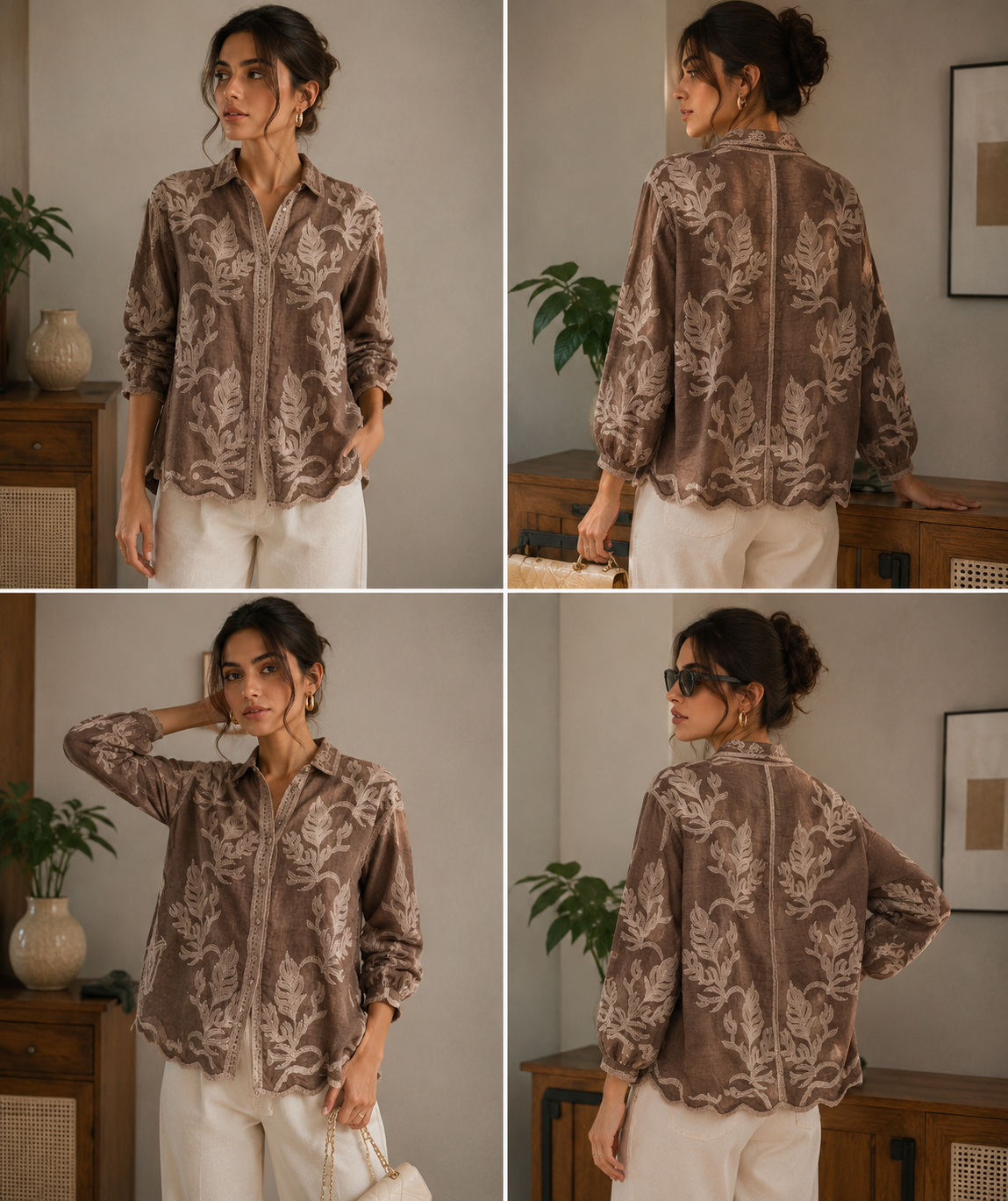 Mocha leaf embroidered shirt