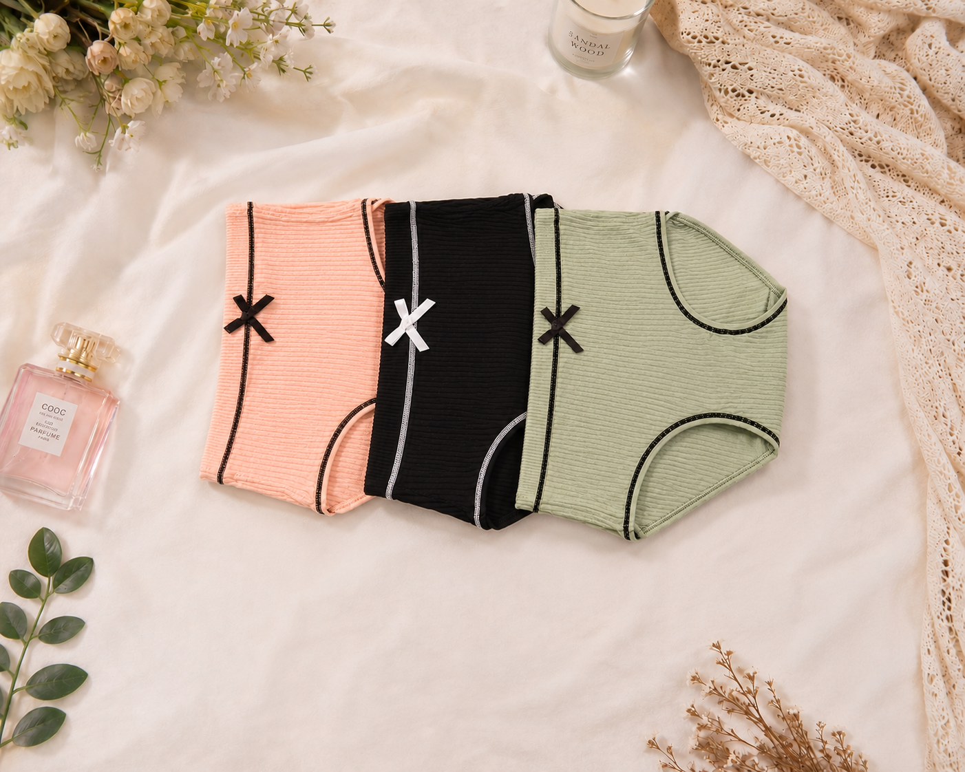 Ribbed Comfort Bow Trio Panty Set