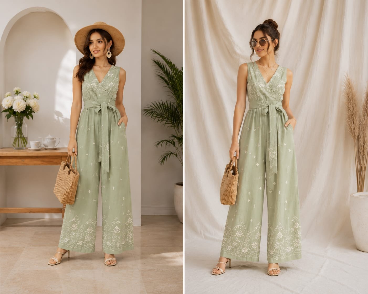 Sage green bloom backless jumpsuit