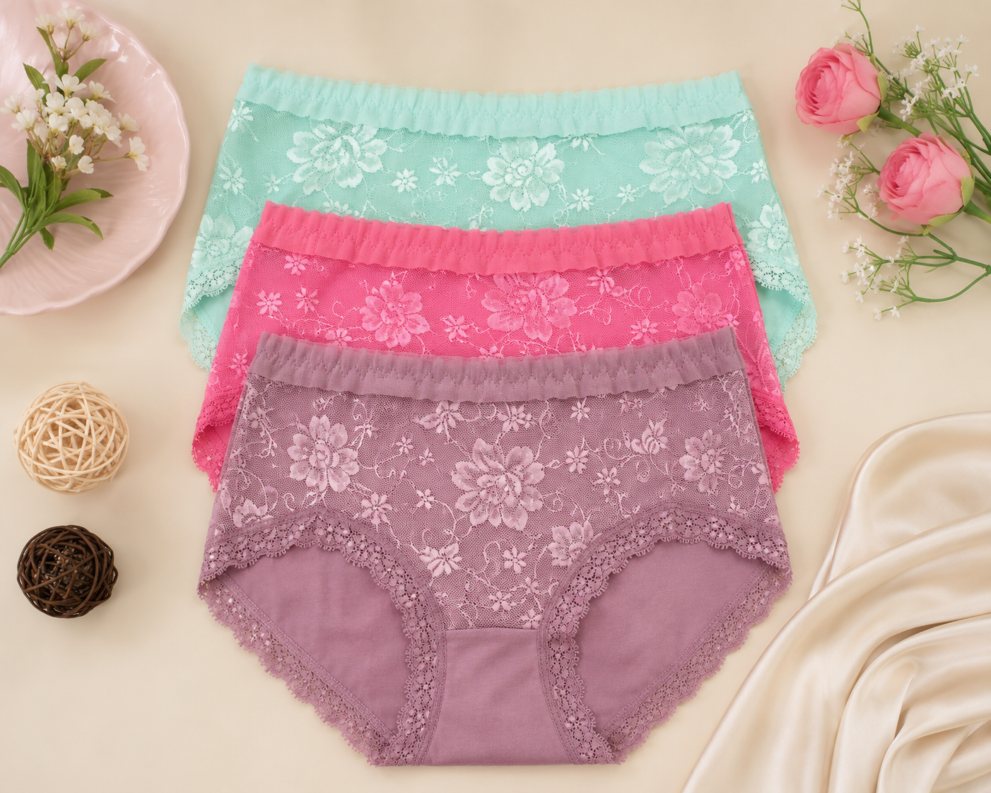 Floral Lace Charm Trio Panty Set