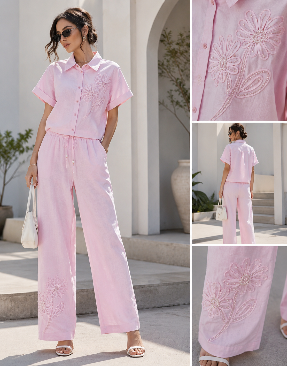 Pink Blossom Embroidered Cord Set